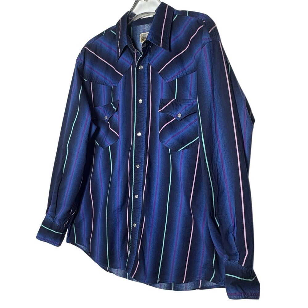 Vintage Express Rider Shirt Large Pearl Snap Western Long Sleeve Blue Stripe